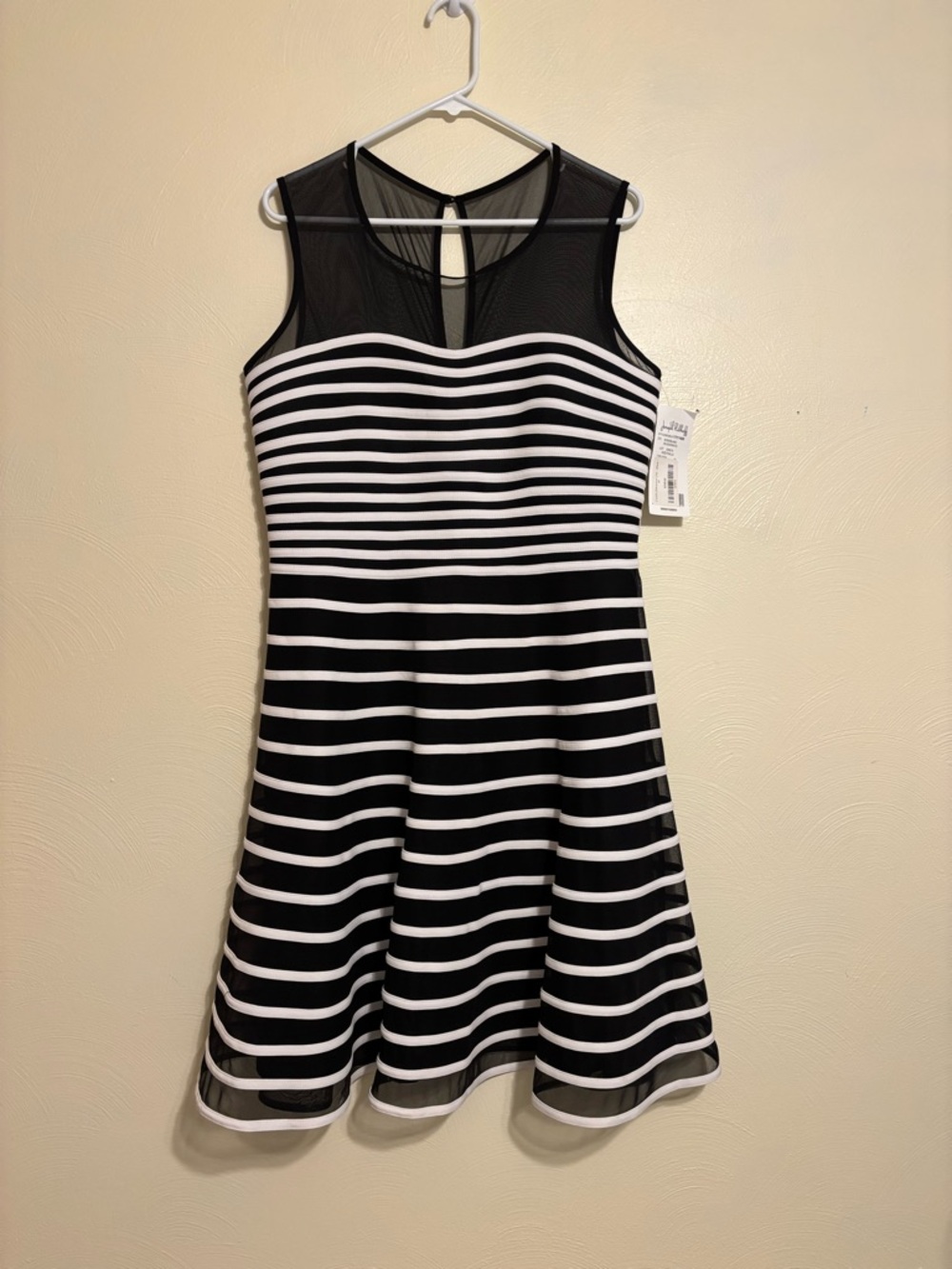 Joseph Ribkoff Black and White Striped Mesh-Yoke Midi Dress